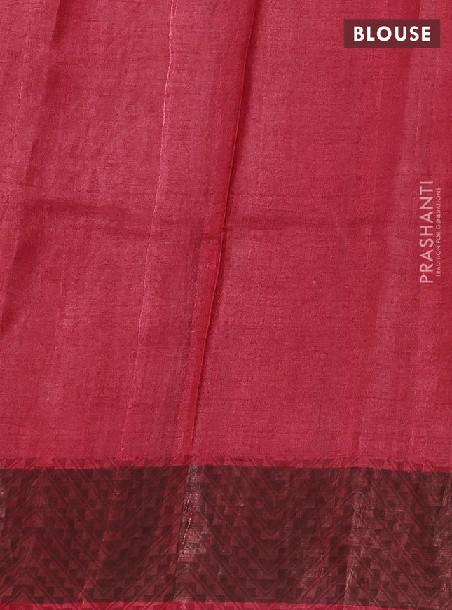 Pure tussar silk saree rustic orange and maroon with allover prints and zari woven border