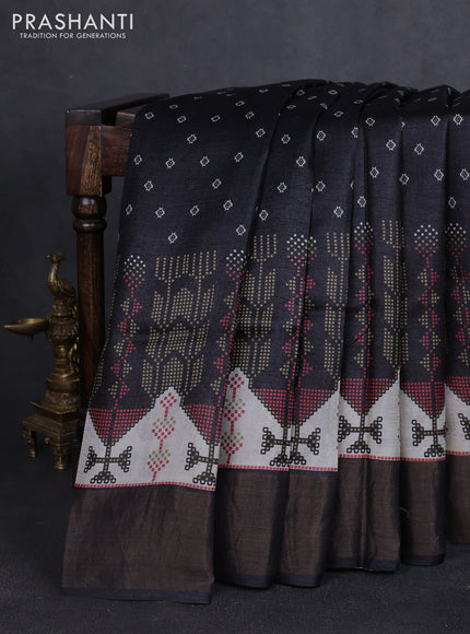 Pure tussar silk saree black with geomatric prints and zari woven border
