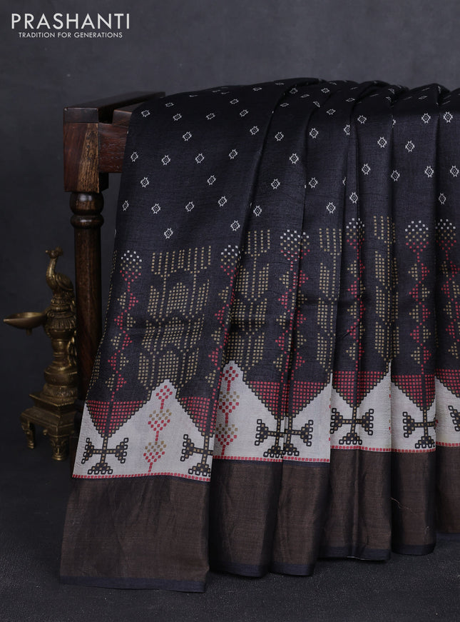 Pure tussar silk saree black with geomatric prints and zari woven border