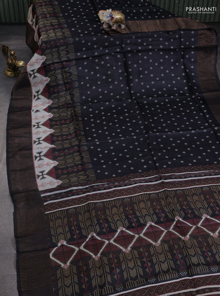 Pure tussar silk saree black with geomatric prints and zari woven border
