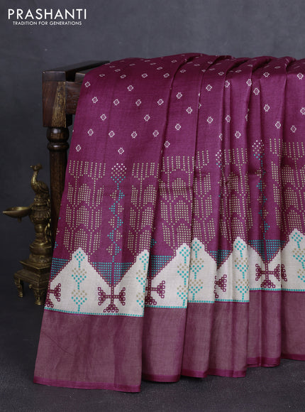 Pure tussar silk saree wine shade with geomatric prints and zari woven border