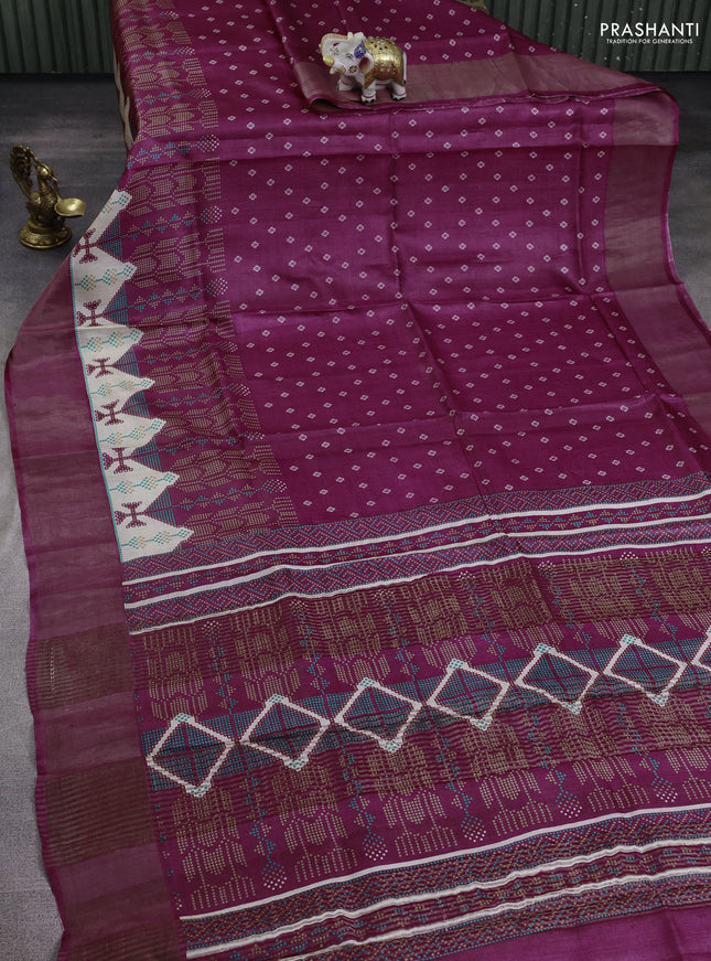 Pure tussar silk saree wine shade with geomatric prints and zari woven border