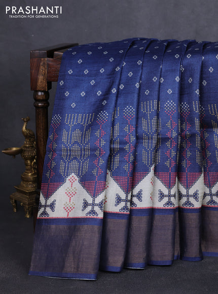 Pure tussar silk saree navy blue with geomatric prints and zari woven border