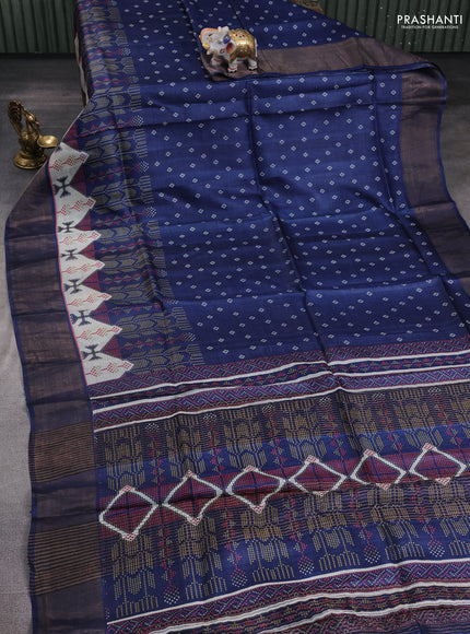 Pure tussar silk saree navy blue with geomatric prints and zari woven border