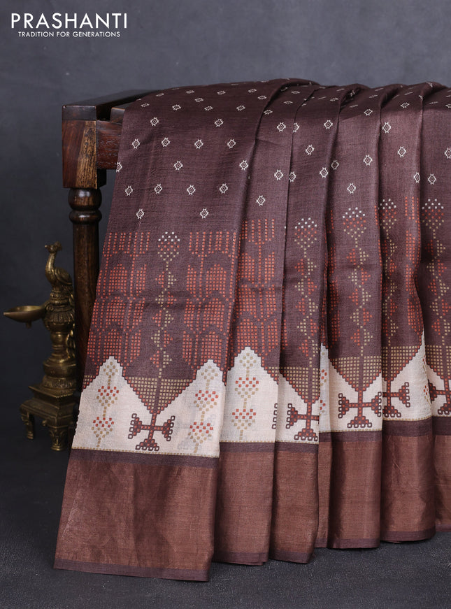 Pure tussar silk saree coffee brown with allover prints and zari woven border