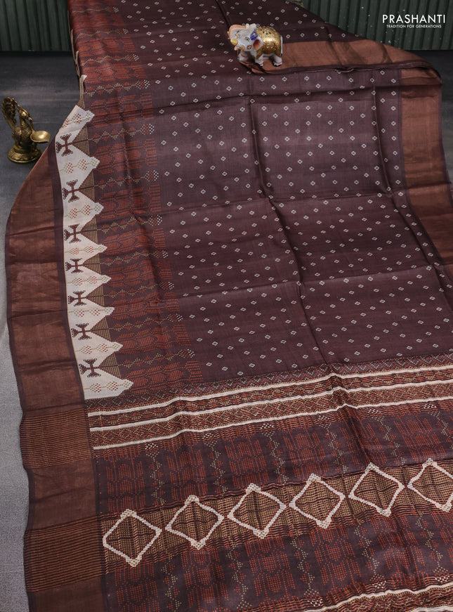 Pure tussar silk saree coffee brown with allover prints and zari woven border