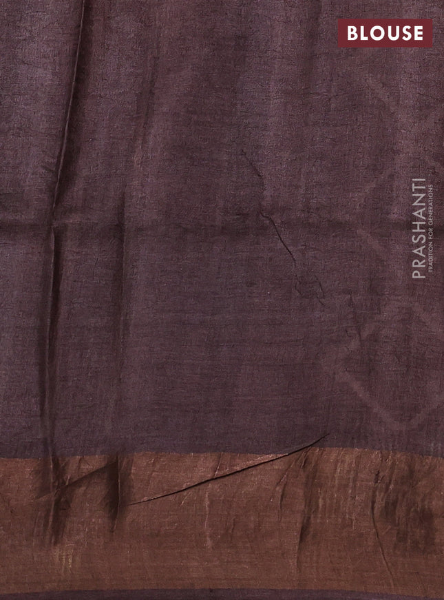 Pure tussar silk saree coffee brown with allover prints and zari woven border