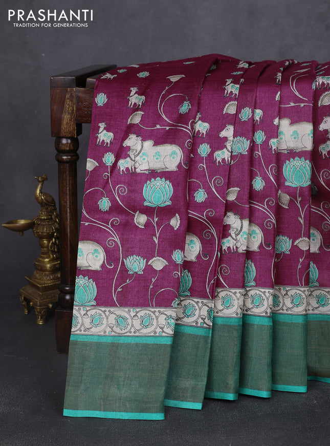 Pure tussar silk saree wine shade and teal green with allover pichwai prints and zari woven border