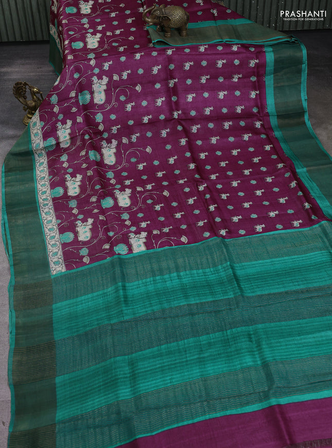 Pure tussar silk saree wine shade and teal green with allover pichwai prints and zari woven border