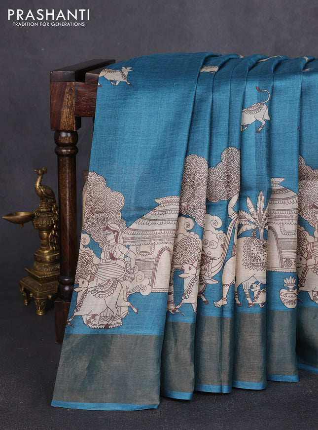 Pure tussar silk saree peacock green with pichwai butta prints and zari woven border