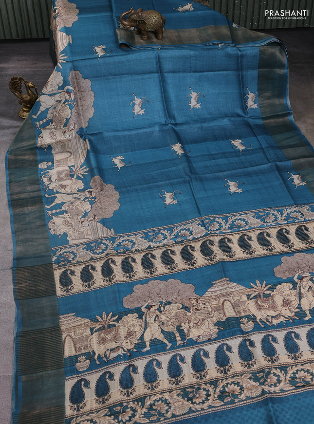 Pure tussar silk saree peacock green with pichwai butta prints and zari woven border