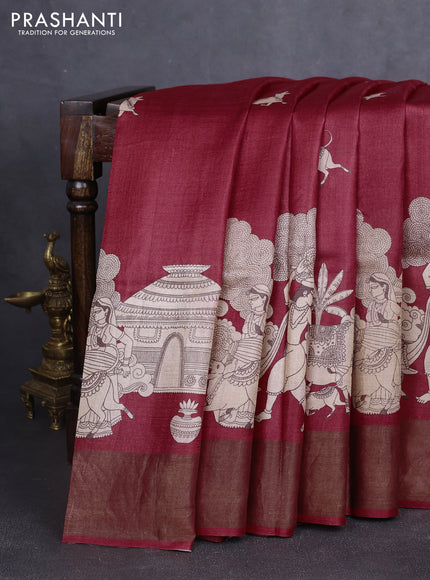 Pure tussar silk saree kumkum red with pichwai butta prints and zari woven border