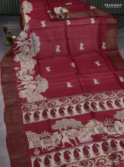 Pure tussar silk saree kumkum red with pichwai butta prints and zari woven border