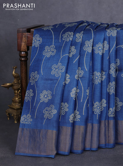 Pure tussar silk saree blue with allover prints and zari woven border