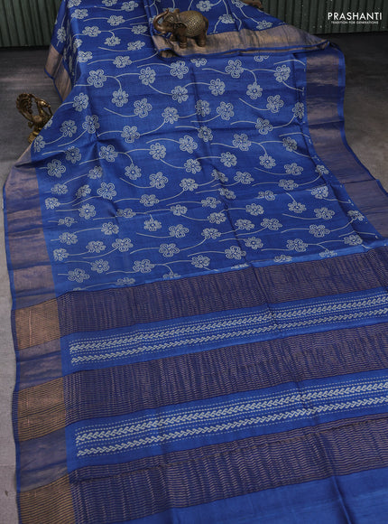 Pure tussar silk saree blue with allover prints and zari woven border