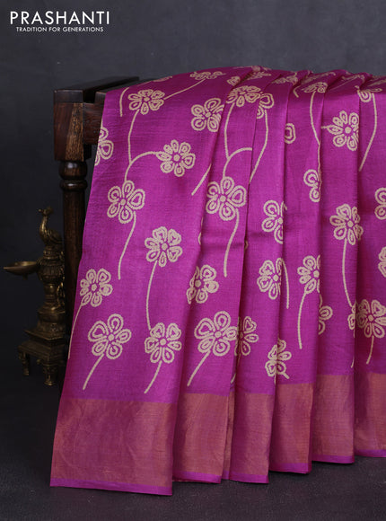 Pure tussar silk saree pink with allover prints and zari woven border
