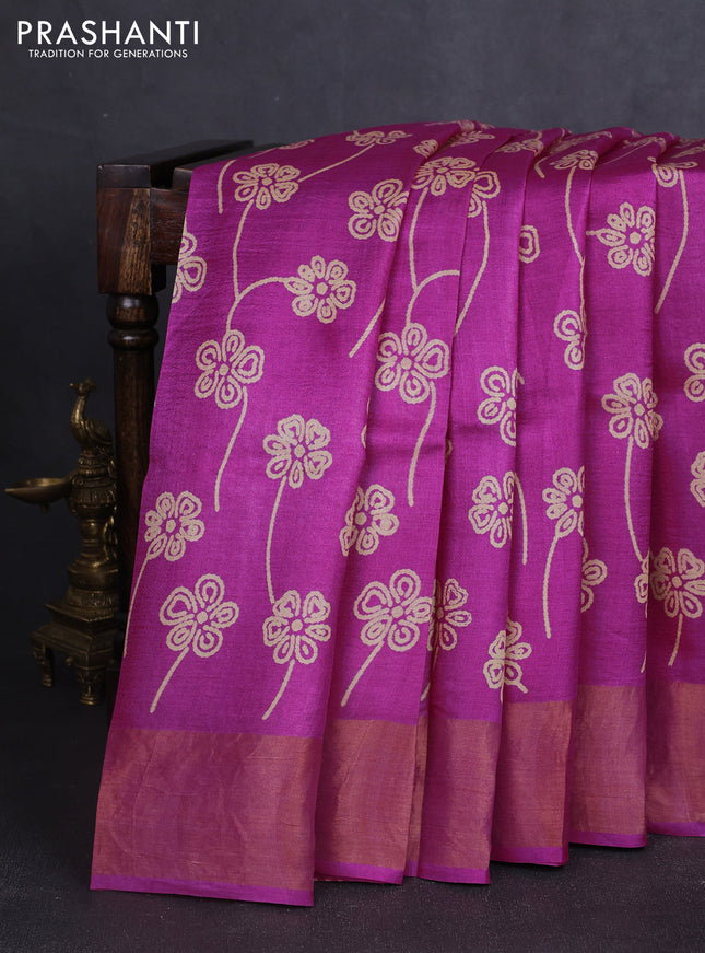 Pure tussar silk saree pink with allover prints and zari woven border