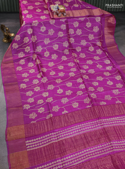 Pure tussar silk saree pink with allover prints and zari woven border