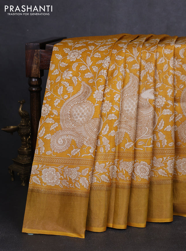 Pure tussar silk saree yellow with half & half style and zari woven border