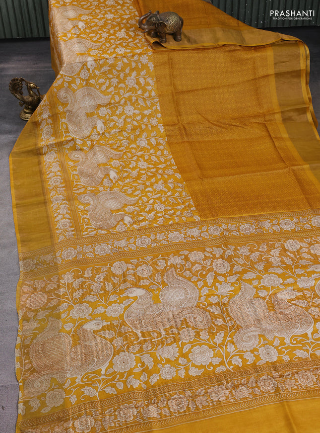 Pure tussar silk saree yellow with half & half style and zari woven border