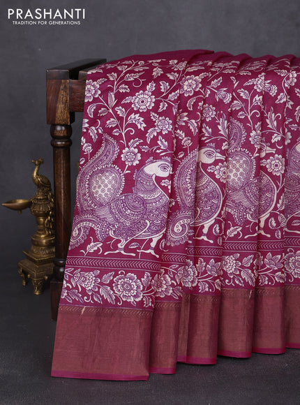 Pure tussar silk saree magenta pink with half & half style and zari woven border