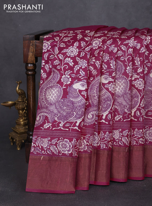 Pure tussar silk saree magenta pink with half & half style and zari woven border