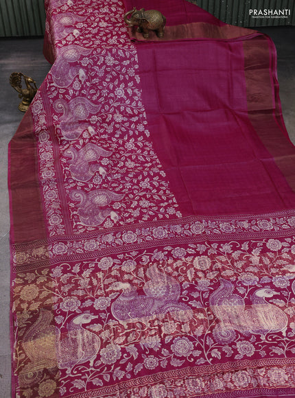 Pure tussar silk saree magenta pink with half & half style and zari woven border