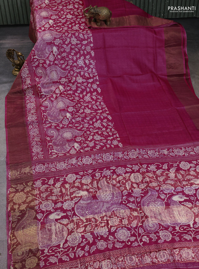 Pure tussar silk saree magenta pink with half & half style and zari woven border