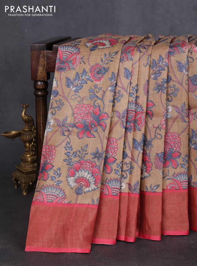 Pure tussar silk saree beige and pink with allover floral prints and zari woven border