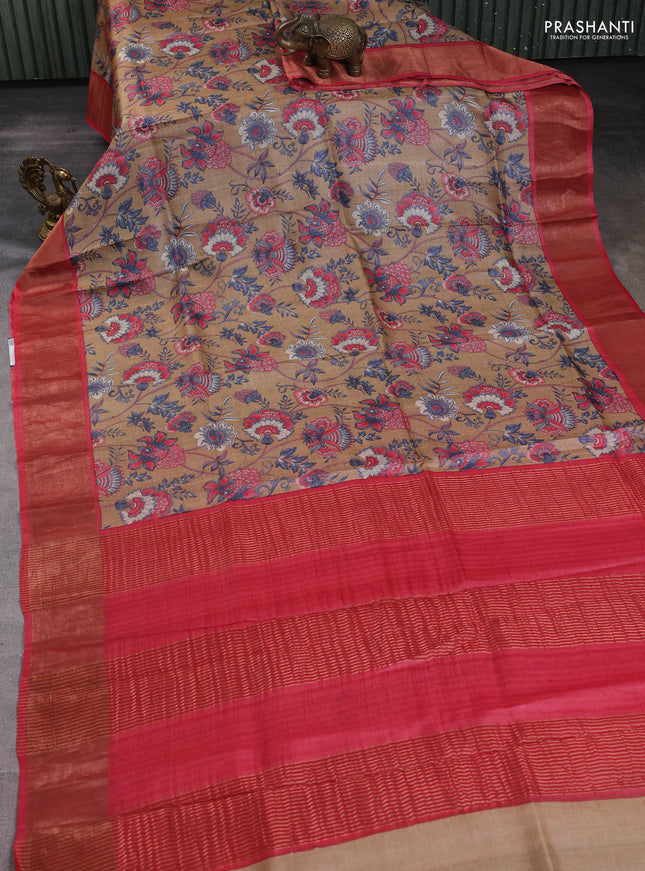 Pure tussar silk saree beige and pink with allover floral prints and zari woven border
