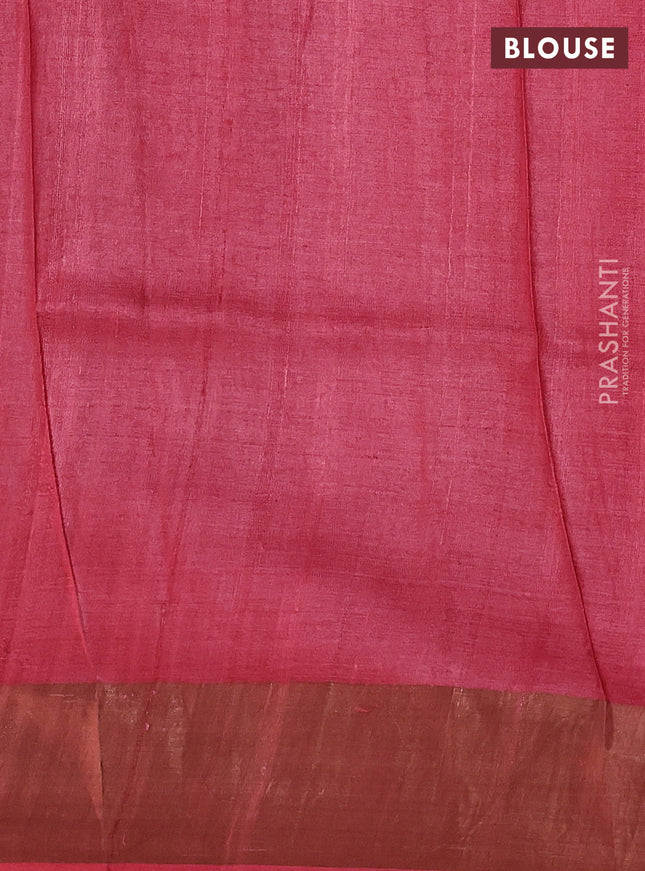 Pure tussar silk saree beige and pink with allover floral prints and zari woven border