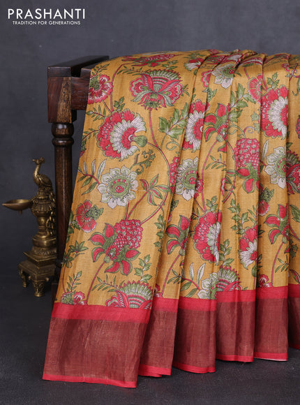 Pure tussar silk saree mustard yellow and red with allover floral prints and zari woven border