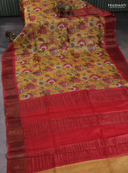 Pure tussar silk saree mustard yellow and red with allover floral prints and zari woven border