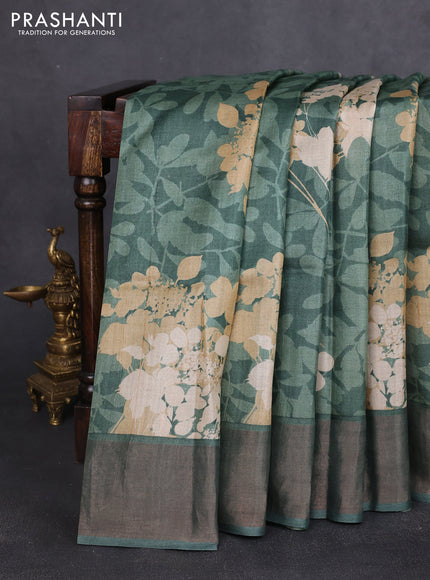Pure tussar silk saree pastel green with allover prints and zari woven border