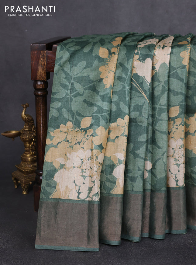 Pure tussar silk saree pastel green with allover prints and zari woven border