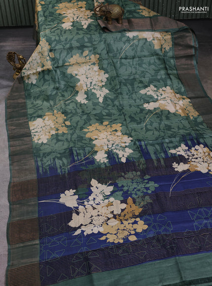 Pure tussar silk saree pastel green with allover prints and zari woven border