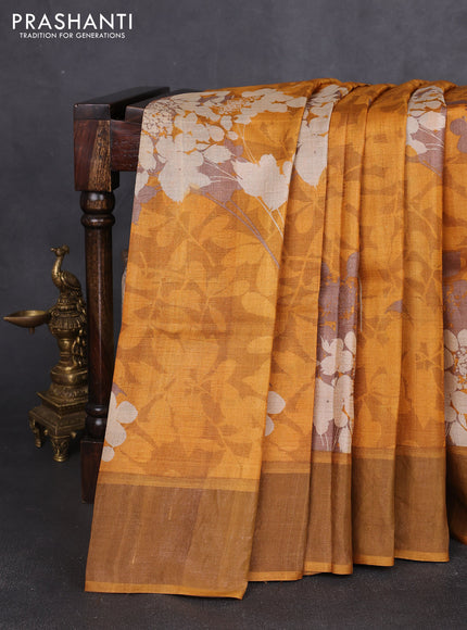 Pure tussar silk saree mustard yellow with allover prints and zari woven border