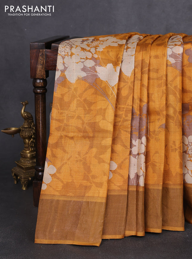 Pure tussar silk saree mustard yellow with allover prints and zari woven border