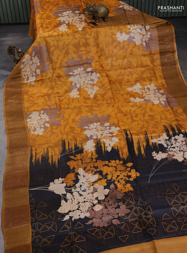 Pure tussar silk saree mustard yellow with allover prints and zari woven border