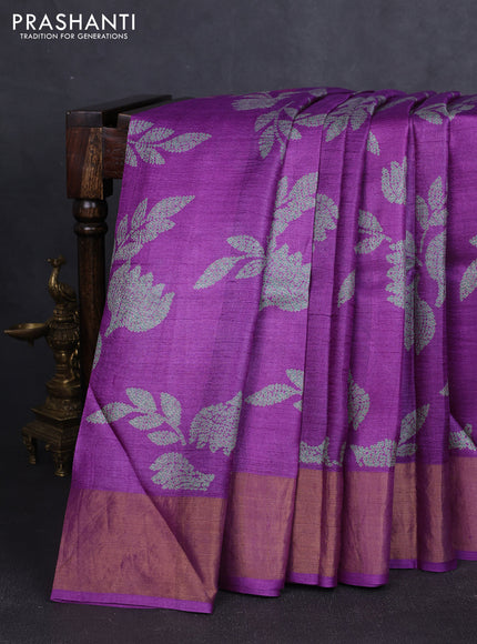 Pure tussar silk saree purple with allover prints and zari woven border