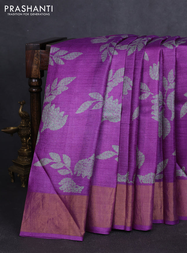 Pure tussar silk saree purple with allover prints and zari woven border