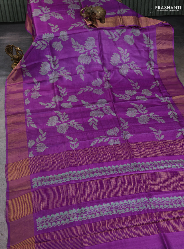 Pure tussar silk saree purple with allover prints and zari woven border