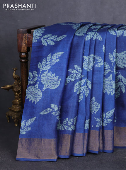 Pure tussar silk saree navy blue with allover prints and zari woven border