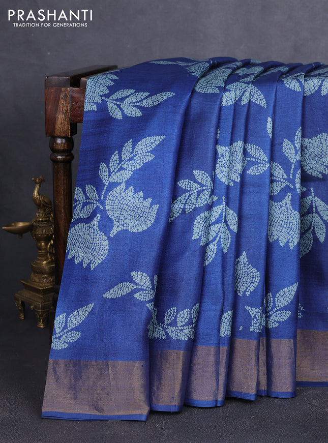 Pure tussar silk saree navy blue with allover prints and zari woven border