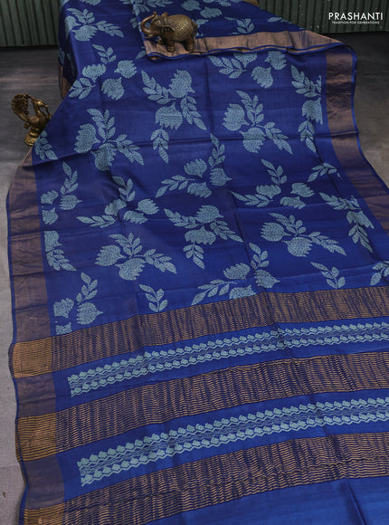 Pure tussar silk saree navy blue with allover prints and zari woven border