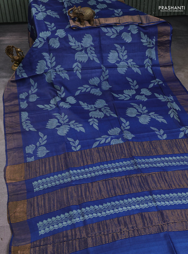 Pure tussar silk saree navy blue with allover prints and zari woven border