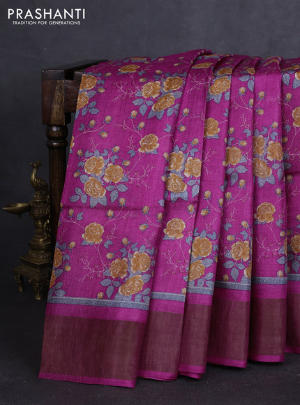 Pure tussar silk saree magenta pink with allover floral prints and zari woven border