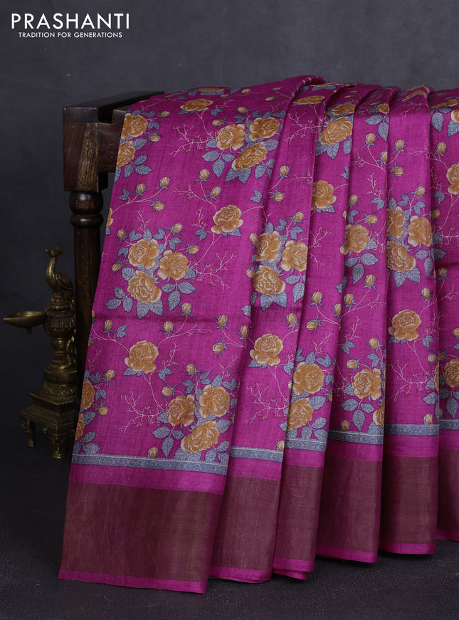 Pure tussar silk saree magenta pink with allover floral prints and zari woven border