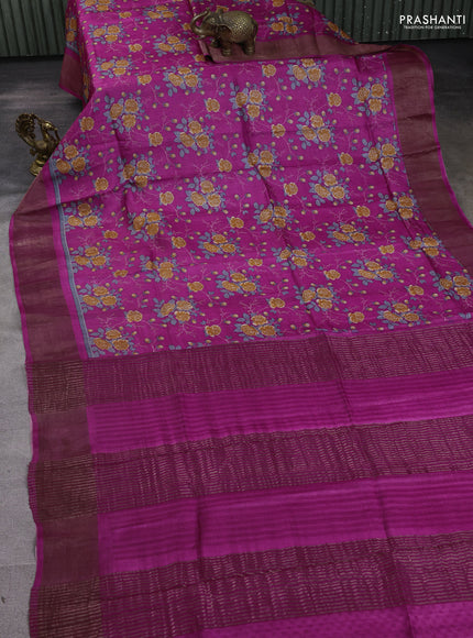 Pure tussar silk saree magenta pink with allover floral prints and zari woven border