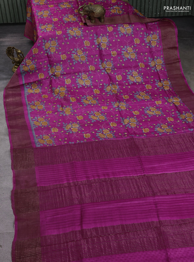 Pure tussar silk saree magenta pink with allover floral prints and zari woven border